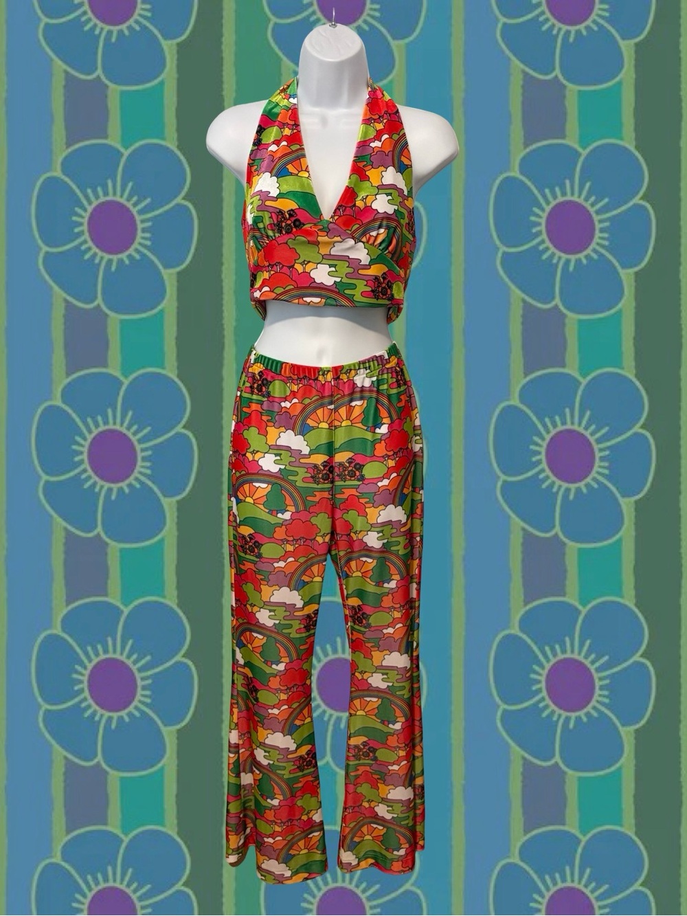 Vibrant Multicolor Retro Floral Halter & Boot Cut Pant Set